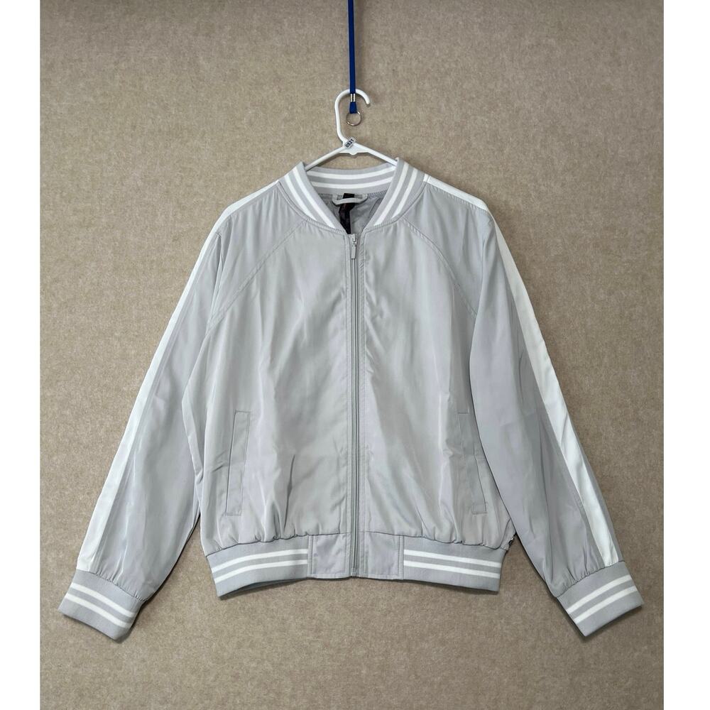 NWOT Betsy Johnson Light Gray And White Stripe Bomber Long Sleeve Jacket, Size L
